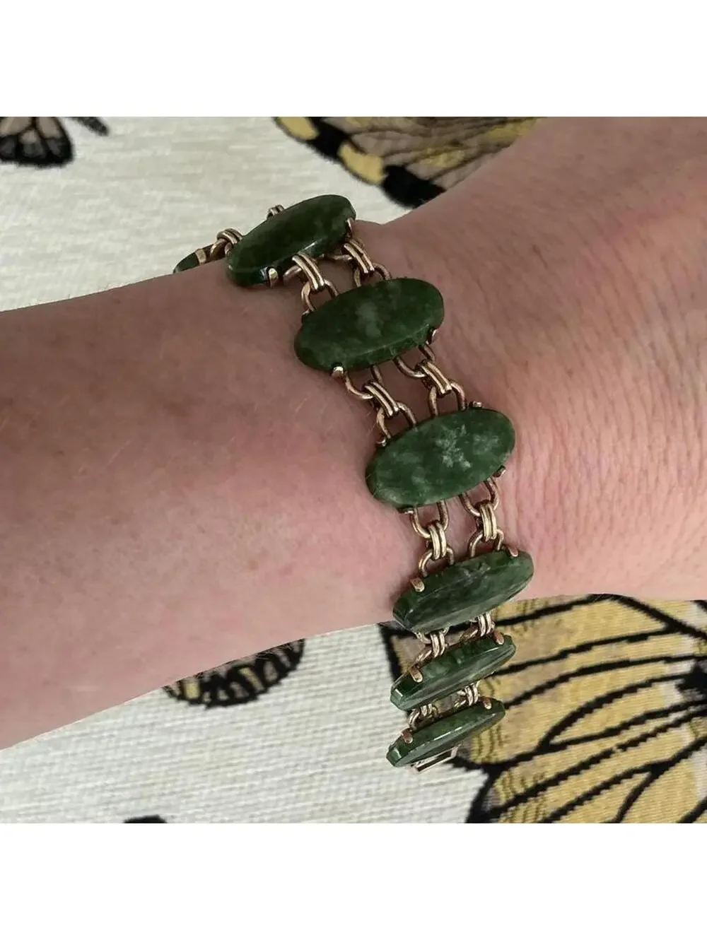 Vintage Nephrite Jade Cabochon Link 12K Gold Filled WRE Bracelet